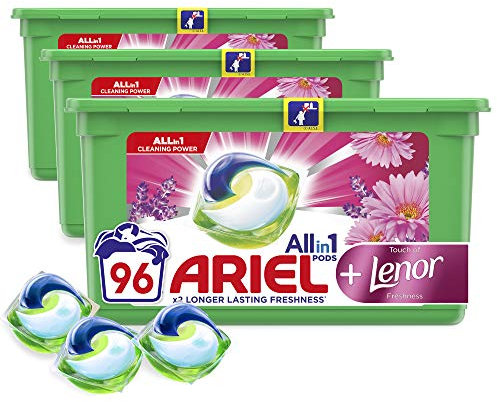 Ariel Pods All-in-One with Touch of Lenor Freshness Washing Liquid Laundry Detergent Tablets/ Capsules, 96 Washes (32 x 3)