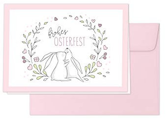 Osterkarte, Grußkarte „Frohes Osterfest“ – Klappkarte im Pastell-Design mit rosafarbenem Umschlag, Design: Hasenfreunde