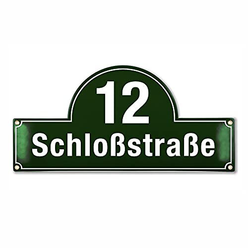 Sosenco Hausnummerschild Hausnummer mit Straßenname - 24x50 cm - Keramik Emaille - Wetterfest - Personalisiert (Grün)