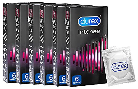 6x Durex Intense Preservativi Lubrificati Forma Easy-On con Nervature e Rilievi Scatole da 6 Pezzi Ognuna - 36 Profilattici