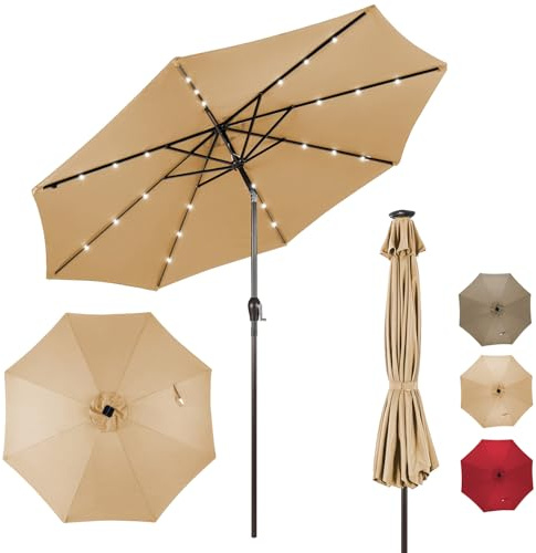 RELAX4LIFE Parasol Extérieur Dia.2,7m avec lumières LED Jaunes, Hauteur & Inclinaison Réglables, 8 Baleines en Fibre de Verre, Toit Ventilé,Parasol de Patio pour Plage, Parc, Cour (Beige)