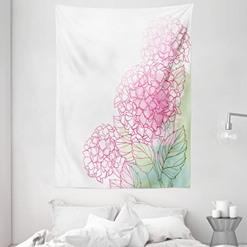 ABAKUHAUS Hortensia Tapisserie, Grunge Peindre des Fleurs Art, Tissage Mural pour Décoration d'Intérieur, 150 cm x 200 cm, Vert pâle Rose