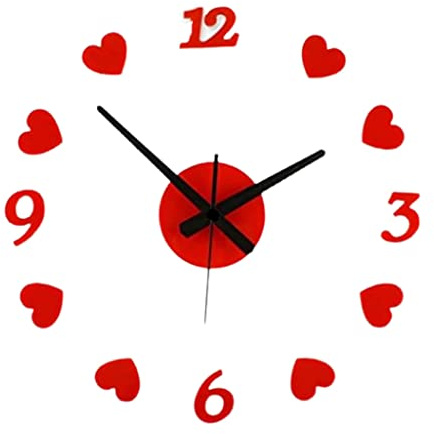 eBoutik - Orologio da parete moderno senza cornice, grande, numeri in metallo adesivi 3D, decorazione per casa o ufficio, regalo di fidanzamento, matrimonio o compleanno (San Valentino cuore rosso)