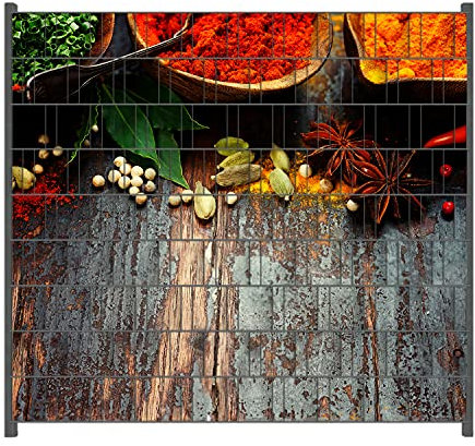Wallario Zaun Sichtschutz Windschutz für EIN- und Doppelstabmattenzäune in der Größe Breite 2,00m x Höhe 1,80m, Motiv: Gewürze auf Holz - uriger Holztisch in der Küche