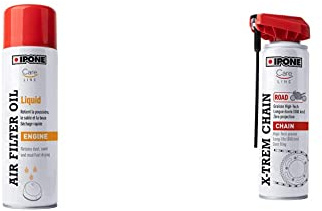 Ipone Huile Liquide Filtres Mousse Moto Air Filter Oil Liquid-500 ML, Bleu & Graisse de Chaîne pour Moto Route X-trem Chain Road – Flacon Aérosol à Diffuseur Multi-positions 250 ml