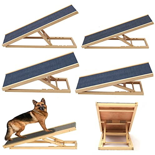 Rampa para Perros Plegable con 4 Escalones Regulables en Altura - 30/40/50/60cm Escalera Perro - Hacer de Madera de Abeto con Antideslizante de la Alfombra Rampa de Coche de Madera, Carga Máxima 150kg