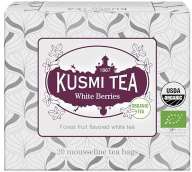 Kusmi Tea White Berries bio – Té Blanco de Frutos del Bosque (aromas 100% naturales de grosella, fresa, mora) – Caja de 20 bolsitas