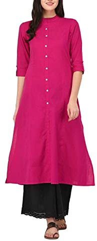 Ladyline Women's Pure Cotton Plain Tunic Top Front Slit 3/4 Sleeves Roll-UP Chinese Neck Buttons Down Pocket Long Kurti Kurta
