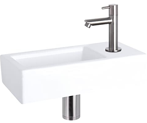 Differnz Helios Waschbecken klein, Handwaschbecken Keramik Weiß, Matt Chrom Armaturen Wasserhahn Rechts, Waschtisch, Warm- und Kaltwasserhahn – 37.5 x 18 x 9.5 cm