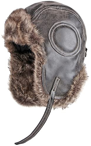 GIBZ Kunstfell Fliegermütze Leder Herren Damen mit Ohrenschutz | Trappermütze Russisch Mütze Warme für Winter