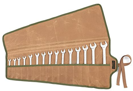 15 Taschen Werkzeugtasche, strapazierfähige 16oz gewachste Segeltuch-Schlüsseltasche, Mehrzweck-Werkzeugtasche mit Riemen für Metrisch, SAE (Khaki)