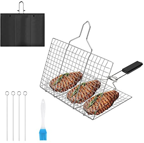 Nizirioo - Cestino per barbecue, in acciaio inox, portatile, pieghevole, con manico rimovibile con spazzola da forno, 4 spiedini in metallo e custodia