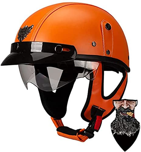 Leder Motorrad Halbhelme Retro Halbschalenhelm Mit Visier Jethelm Schnellverschluss Schnalle Brain-Cap Helm DOT/ECE-Zulassung Scooter-Helm Roller Helm Für Cruiser Chopper Biker Moped 3,M