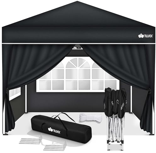 tillvex Tonnelle de Jardin 3 x 3 m Pliable avec 4 côtés | Tente de Jardin Pliante réglable en Hauteur | Auvent Pliant pour Camping, Festival, Plage, Jardin | Protection UV 50+ | avec Sac de Jardin