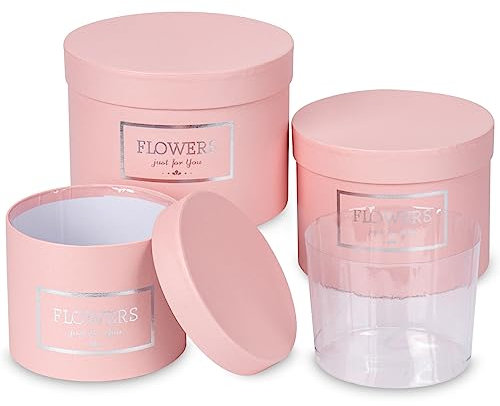 Briful Set of 3 Pink Gift Boxes with Lids, Round Gift Box with Inner Plastic Box for Fresh Flowers Dried Plants Small Gift boxes for Presents, Crafts, Wedding Decor
