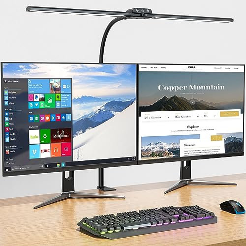 KableRika Doppelkopf Schreibtischlampe LED Dimmbar, helle Schreibtischlampe Klemmbar für Homeoffice, Augenschutz schwanenhals lampe mit 4 Farbmodi & Helligkeit, moderne Büro Tischlampe für Monitor