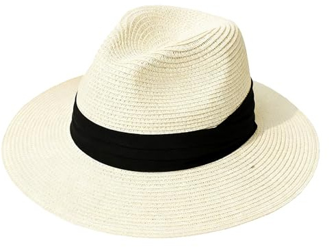 QUUPYSTORE Sombrero de paja Fedora para mujer, sombrero de verano de ala ancha, sombrero de paja enrollable, sombrero de verano plegable UPF 50+