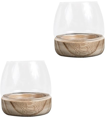 DECHOUS 2Pcs Clear Glass Plant Pots with Wooden Base, Transparent Glass Vase Terrarium Planter Display Planter Pot for Flowers Succulent Plants