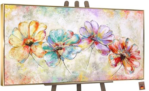 YS-Art Acryl Gemälde auf Leinwand handgemalt schöne Blumen Leinwandbild Abstrakt bunte Farben Wanddeko Wohnzimmer modern Wohndekor Büro Kunst mit Rahmen 100x50 cm