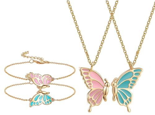 KSJEHW Freundschaftskette Set für 2 Frauen Mädchen BFF Halskette Schmetterling Schmuck Anhänger und 2 Schmetterling Armbänder, Freundschaftskette, Geschenk für Freunde, Personalisierter Schmuck