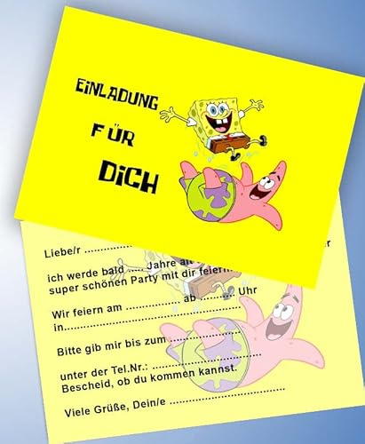 VSW 12 Einladungskarten & 12 Umschläge für Geburtstag Partys und Kindergeburtstag Spongebob Nr. 63