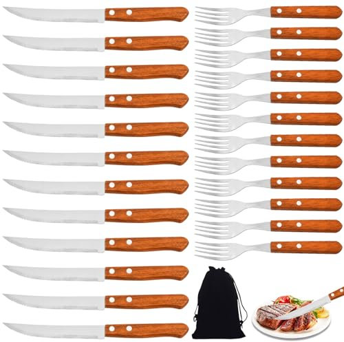 BAIFULAI Lot de 24 couverts pour steak, en acier inoxydable, avec manche en bois, set de couteaux et fourchettes à steak, pour 12 personnes