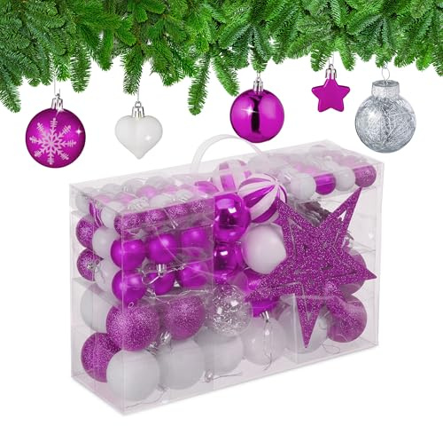 Relaxdays Weihnachtskugeln 101er Set, Kunststoff, Weihnachtsbaumdeko mit Kugeln & Spitze, Christbaumschmuck, pink/weiß