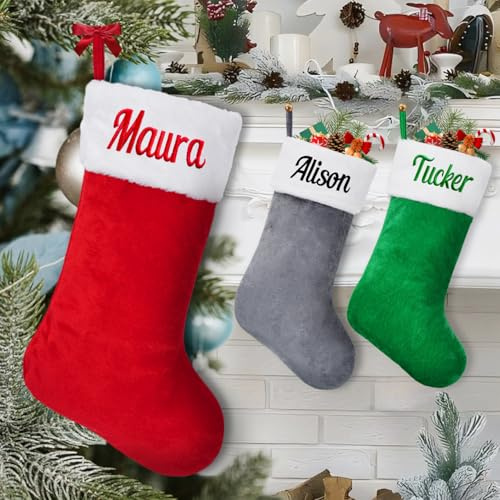 VRFASHION Medias de Navidad personalizadas con nombre, 50,8 cm, grande, bordado, de franela, 1 calcetín colgante de chimenea, decoraciones de Navidad para fiestas familiares
