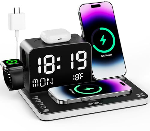 Acer Gadget 7-in-1 Wireless Charging Station Charger Stand for Multiple Devices for Apple - iPhone 17 16 15 14 13 12 Pro Max Apple Watch Airpods, Wireless iPhone Charger Station with Bluetooth TimeSyn