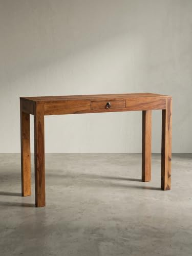 Schreibtisch Kompakt Massivholz | Bürotisch mit Schublade für Home Office | Computertisch aus Sheesham | Platzsparend Modern | 118x40x76 | Dunkelbraun Handgefertigt | Arbeitstisch 40 cm Tief | MOSEL