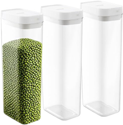 MAHIONG 3PCS Plastic Cereal Storage Containers, 1.8L/60oz Airtight Cereal Dispenser, White Food Storage Containers with Silicone Seal for Snacks, Sugar, 11.6 x 7.6 x 30cm