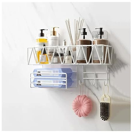 White Bathroom Shelves Wall Mounted Storage Rack with Tissue Holder and Hooks Double Layer Cosmetic Organizer for Washstand Metal Shelf for Toilet Essentials