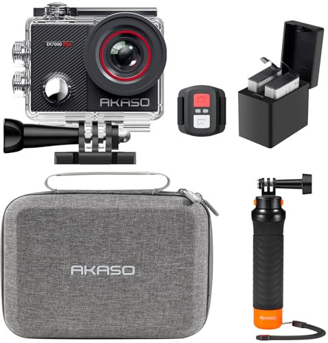 AKASO EK7000 Pro Action Camera Floating Hand Grip Bundle - Includes 4K30FPS EK7000 Pro Underwater Camera, Floating Hand Grip, 2 Batteries, Carrying Case, and Accessory Kits
