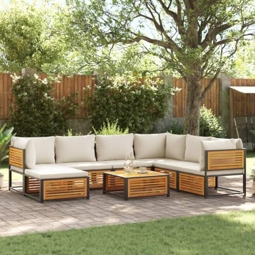 IKAYAA Sofá para jardín de Madera de Acacia y Acero, Sofa Jardin Exterior, Sofá de Esquina para Jardín Resistente a la Intemperie, Conjunto Jardín, Muebles Jardín Exterior 8 plazas Crema-1