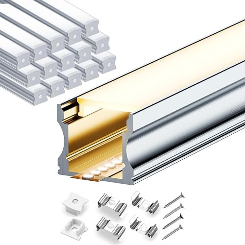 LASLUX 15x2m U-förmiges led aluprofil mit 15 milchigen led strip schiene Abdeckungen inklusive Endkappen und rostfreien Edelstahl-Montageclips für indirekte Beleuchtung mit led schienen System