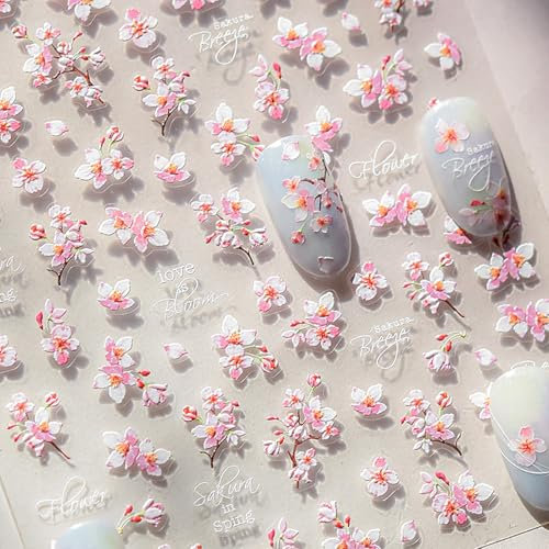 Auiremrti 5D estampado de flores Arte en uñas, pegatinas autoadhesivas de sakura, diseño de uñas de primavera/verano, accesorios de letras para mujeres