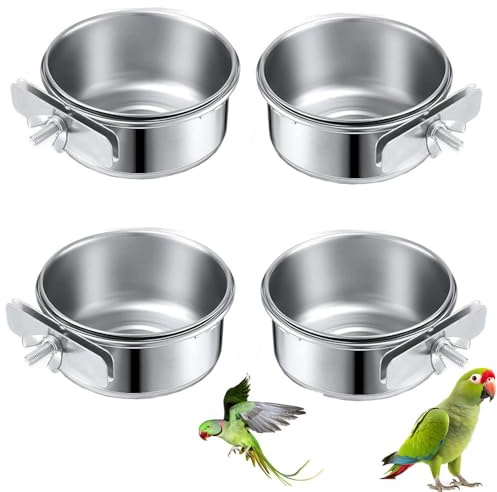 4 Stücke Edelstahl Vogelnapf Futter Schüssel Futternapf, 10x4.5cm Wasserschale, Futternapf Fütterungsbecher zum Aufhängen Käfig-Futterstation für Samen für Vogel Papageien,Vogelkäfig Zubehör