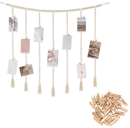 MHYMX Fotowand mit Klammern, Fotogirlande Boho Fotovorhang Hängende Fotocollage Wand Bilderrahmen mit 45 Holz Klammern und Leine DIY Fotoseil für Wohnkultur Schlafzimmer Deko