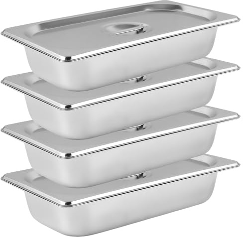 WOPPLXY GN 1/3 Behälter mit Deckel, 4 Stück, Edelstahl, 6,5 cm tief | Vier GN 1/3 Edelstahlbehälter mit polierten Deckeln, 32,5 x 17,5 x 6,5 cm und 0,7 mm Materialstärke
