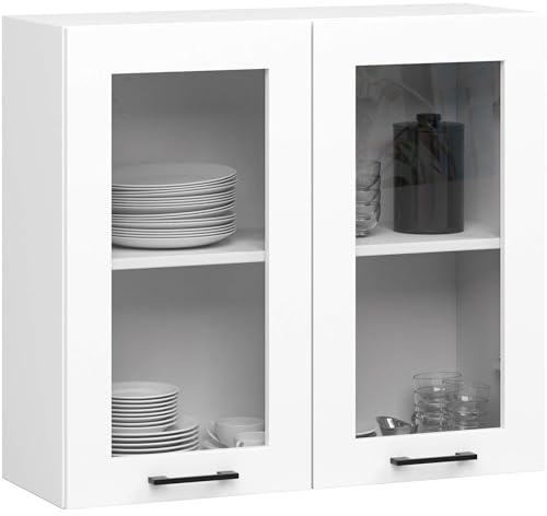 AKORD | Pensile da Cucina a Parete - Vetrina Sospesa in Vetro 80 cm, H720 | 2 Ripiani e 2 Anta Armadio da Cucina | Componibile Mobili da Cucine Armadi | Pannello laminato | Bianco