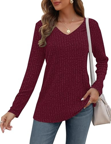 AUSELILY Lätta tröjor för kvinnor vardaglig enfärgad pullover tröjor v-ringad långärmad toppar för kvinnor gåvor, mörkröd, M