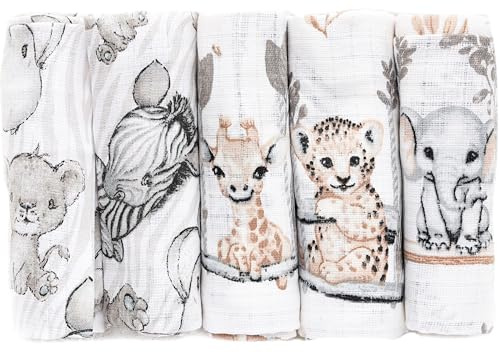 FENSILO dregellappar, muslinblöjor, 5-pack, 70 x 80 cm, muslindukar, babytygblöjor för pojkar och flickor, giraff-elefant