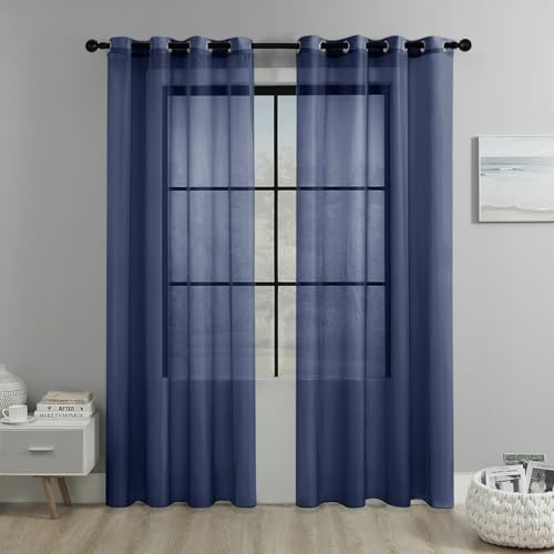 Odot 2 Piezas Cortinas Visillos Salon Dormitorio Modernas, Cortinas Visillos Translucida Poliéster con Ojales, Livianas y Transpirables para Ventanas de Habitacion Niños (Azul Oscuro,134x210cm)