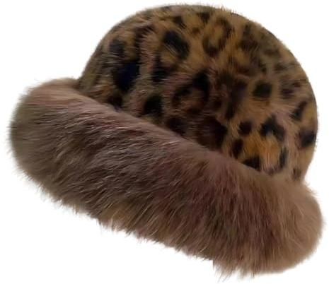 Fluffy Bucket Hat Fur Hats for Women Leopard Winter Warm Fur Bucket Hat Thicken Wide Brim Plush Faux Fur Hat Fluffy Hat Womens FurHats Winter Hats for Women Ladies Winter Hats Furry Hats for Women