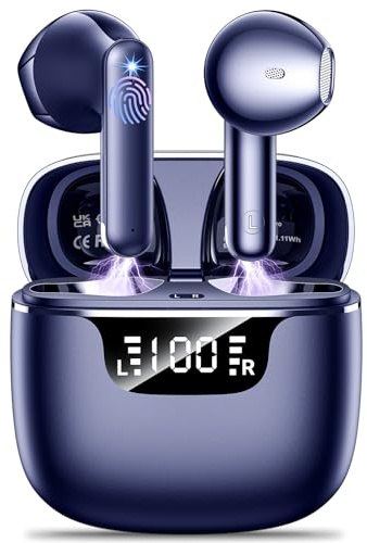 kauguo Ecouteurs Bluetooth sans Fil, Oreillette Bluetooth avec 4 ENC Réduction Antibruit Mic IPX6 Étanche 42H Durée Écran LED HiFi Stéréo Contrôle Tactile Écouteurs sans Fil pour iOS Android Azur