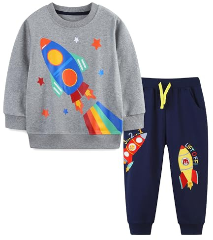 Tokeya Tuta Sportiva Ragazzo Bambino Abbigliamento Set Sportivo Cotone Manica Lunga Completo Felpa e Pantaloni Razzo Stampato Autunno Inverno Vestiti Felpa per Ragazzi Età 2-3 Anni, Grigio