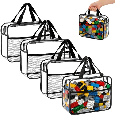 Vijixka 4 Stück Aufbewahrungstaschen für Spielzeug 30x22x10cm Aufbewahrung | mit Tasche transparente Toilettentaschen mit Reißverschluss und Netzfächern Storage Bag für Badespielzeug, Puzzle, Bausteine