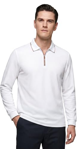 Allthemen Mens Casual Polo Shirt Long Sleeve Quarter Zip Golf Shirt Regular Fit Tee Tops Solid Color White S