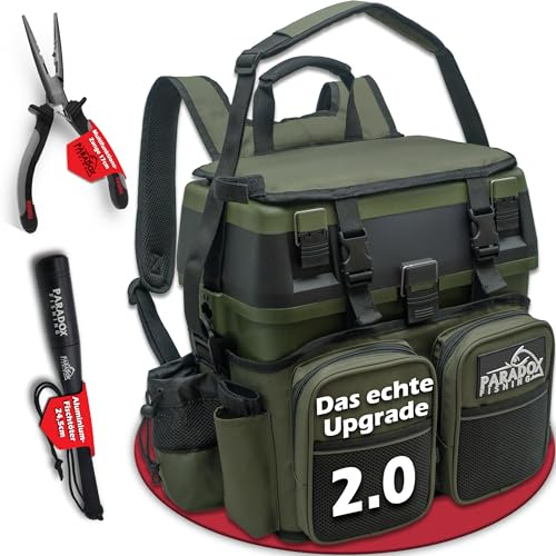 Paradox Fishing 3-in-1 Multifunktions-Sitzkiepe I Angelrucksack I Angeltasche Angelkoffer mit Sitz Angelkoffer- viel Platz für Angelzubehör (Starter Set schwarz/grün)