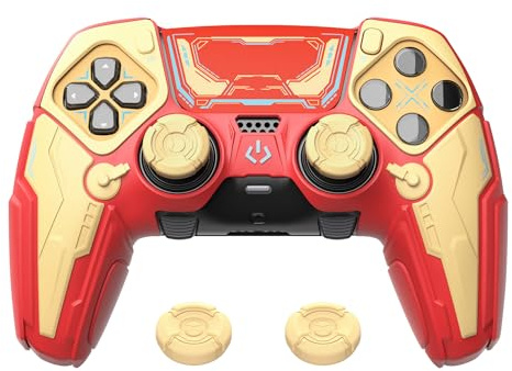 PlayVital for ps5 Edge Controller Silicone Cover Skin - Stellar Mecha Anti-slip Grip Protector for ps5 Edge Controller with Joystick Cap & Sticker, Shockproof Case - Crimson Red & Iron Yellow